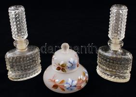 2 db parfümös üveg és egy virág mintás ékszertartó, kézzel festett, hibátlanok, m:13 cm (2×), m:8 cm