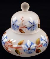 2 db parfümös üveg és egy virág mintás ékszertartó, kézzel festett, hibátlanok, m:13 cm (2×), m:8 cm