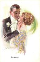 Italian Art deco postcard, The Answer, couple, E. A. S. B. 102/2 s: Usabal