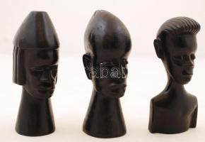 3 db afrikai fejeket ábrázoló fa szobor, m: 21 cm