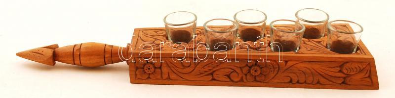 Faragott fa kupicatartó, 6 db üveg kupicával