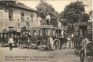 Pöstyén, Pályaudvar, szállodai fogatok / railway station, hotel carriages (badly restored)