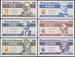 2012. Balatoni Korona helyi pénz sorozat: 500K MINTA + 1000K MINTA + 2000K MINTA + 5000K MINTA + 10.000K MINTA + 20.000K MINTA, mindegyik MINTA felülbélyegzés T:I