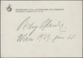 1929 Péchy Blanka(1894-1988) SZOT-díjas színésznő, előadó, író aláírása