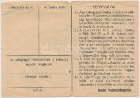1946. 10.000AP nem kamatozó Pénztárjegy "Másra Át Nem Ruházható" nélkül és számozás nélkül...