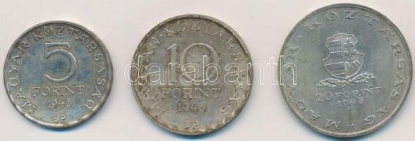 1948. 5Ft Ag "Petőfi" + 10Ft Ag "Széchenyi" + 20Ft Ag "Táncsics" "Szabadságharc" sor T:2,2- patina Adamo EM1,2,3