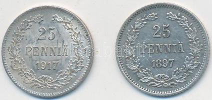 Finnország 1897L 25p Ag + 1917S 25p Ag T:2 Finland 1897L 25 Pennia Ag + 1917S 25 Pennia Ag C:XF