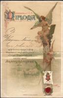 1896. Dekorativ litho diploma az ezredéves kiállításon tett látogatásról (hajtott) / Diplom (color. Litho) für Besuchern der Landesausstellung zur Jahrtausendfeier Ungarns (gefaltet)