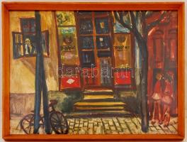 Olvashatatlan jelzéssel: Békebeli dohánybolt, olaj, farost, üvegezett fa keretben