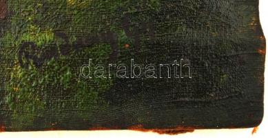 Olvashatatlan jelzéssel: Falu szélén, vízparton, olaj, vászon, kis szakadással, 45×35,5 cm