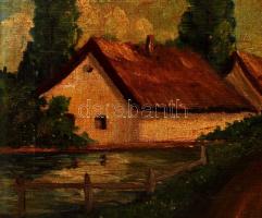 Olvashatatlan jelzéssel: Falu szélén, vízparton, olaj, vászon, kis szakadással, 45×35,5 cm