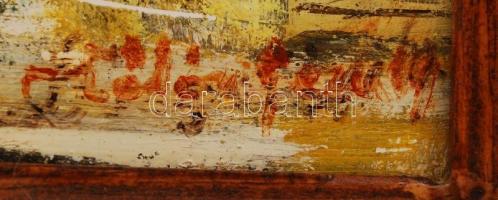 Olvashatatlan jelzéssel: Házak ősszel, olaj, farost, keretben, 29,5×24,5 cm