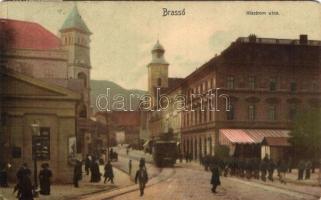 Brassó, Kronstadt; Klastrom utca, villamos, üzletek, Zeidner H. kiadása / street, tram, shops (fl)