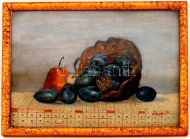 Olvashatatlan jelzéssel: Gyümölcs csendélet, olaj, fa, üvegezett keretben, 34,5×24 cm