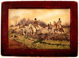 Régi, bőr borítású fa doboz, tetején lovas vadászjelenetet ábrázoló képpel, 29,5×22×10,5 cm