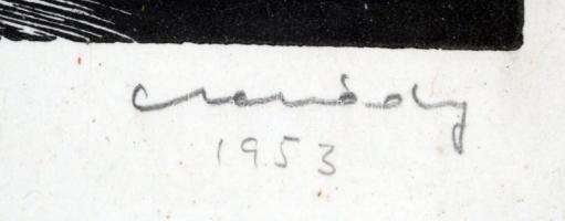 Csanády András (1929-): Ismét eljött az az óra. Linó, papír, jelzett, üvegezett keretben, 23×16 cm