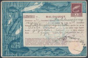 1941 Halászjegy 5P benyomott okmánybélyeggel, Baján felhasználva / Fishing ticket