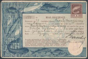 1943 Halászjegy 5P benyomott okmánybélyeggel, Baján felhasználva / Fishing ticket