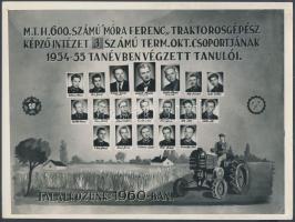 1955 Traktorosgépész tanfolyam végzett tanulói, kistabló 19 nevesített portréval, szocreál grafikával, 18x24 cm