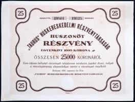 Budapest 1923. " 'Taurus' Huskereskedelmi Részvénytársaság" 25 részvénye összesen 25.000K-ról, szelvényekkel T:II