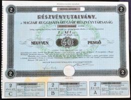 Budapest 1946. "Magyar Ruggyantaárugyár Részvénytársaság" 2 részvénye összesen 40P-ről szelvényekkel T:III