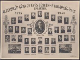 1938 Dr. Zemplén Géza (1883-1956) Kossuth-díjas vegyész, bölcseleti doktor, az MTA tagja; 25 éves egyetemi tanárságának emlékére készült tablókép a kollegáiról 34 nevesített portréval, a kémiatörténet kutatásának kiváló arckép csarnoka, mert szinte minden névhez komoly tudományos munkásságok kapcsolódnak, 16,5x22 cm