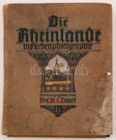 Renard, Edmund: Die Rheinlande in Farbenphotographie. 2. köt. Berlin - Köln, 1922, Verlagsanstalt für Farbenphotographie Carl Weller. Papírkötésben, a lapok szélei foltosak, mellékelve 27 db, fekete kartonra ragasztott, az alján feliratozott színes fotó, a szöveges ismertetővel együtt sérült, vászonkötésű mappában.