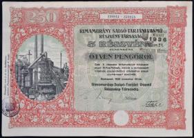 Budapest 1925. "Rimamurány-Salgó-Tarjáni Vasmű Részvény-Társaság" 5 részvénye egyenként 50P-ről pecsétekkel, szelvényekkel T:I- hajtatlan