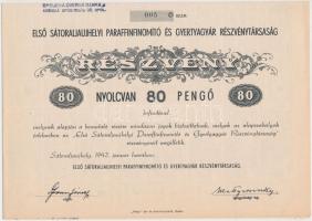 Sátoraljaújhely 1942. "Első Sátoraljaújhelyi Paraffinfinomító és Gyertyagyár Részvénytársaság" részvénye 80P-ről szelvényekkel T:I