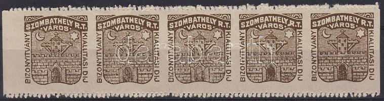 Szombathely városi okmánybélyeg vízszintes ötöscsík értékjelzés nélkül, függőlegesen fogazatlan, vízszintesen kettős fogazással / Stempelmarke von Stadt Szombathely Fünferstreifen ohne Wertangabe, senkrecht ungezähnt, waagerecht Doppelzähnung