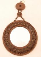 Régi díszes bőr tokos falra akasztható tükör, d (belső): 19,5 cm