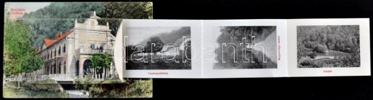 Menyháza, Moneasa; Fürdőház leporellós képeslap (belül vasútállomás és vasolvasztó telep); Fái Károl...