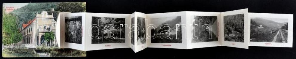 Menyháza, Moneasa; Fürdőház leporellós képeslap (belül vasútállomás és vasolvasztó telep); Fái Károl...