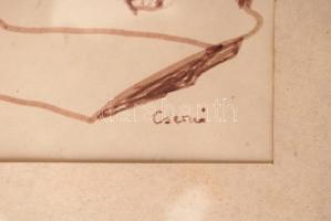 Csernó Judit (1925-2000): Üvegek és poharak, filc, papír, jelzett, üvegezett fa keretben, 16×10 cm