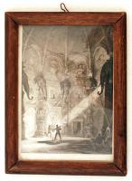 4 db acélmetszet különféle témában (természet, egzotikus folklór, stb.), üvegezett fa, illetve fém k...