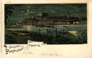 1899 Pozsony, este, gőzhajó / night, steamship  litho (vágott / cut)