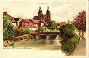 Donaueschingen, Schützenbrücke / bridge, church, Gebr metz Kunstverlags-Anstalt Tübingen, litho