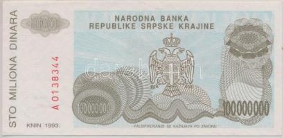 Horvátország/Krajna Szerb Köztársaság  1993. 100.000.000D T:I Croatia/Republic of Serbian Krajina 1993. 100.000.000 Dinara C:UNC