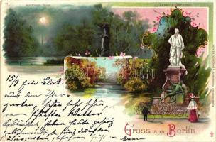 1897 Berlin, lake, bridge, Lessing monument, Kunstansalt Finkenrath & Grasnick, litho (EK)