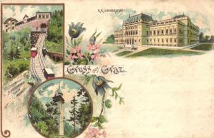 1899 Graz, K.k. Universitat, Schlossbergbahn, Hilmwarte / university, funicular, tower, floral litho (cut)