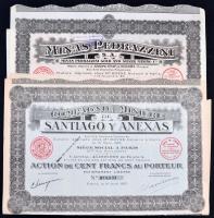 Franciaország/Párizs 1924. "Minas Pedrazzini Arany- és Ezüst Bánya" részvénye 100Fr-ról, szelvényekkel és bélyegzéssel + 1927. "Santiago és Társai Bányász Vállalat" részvénye 100Fr-ról, szelvényekkel és bélyegzéssel T:II France/Paris 1924. "Minas Pedrazzini Gold and Silver Mining C." share about 100 Francs with coupons and stamp + 1927. "Compagnie Minière de Santiago y Anexas" share about 100 Francs with coupons and stamp C:XF