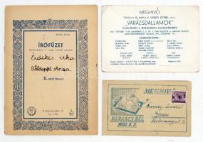 1943-1955 2 db meghívó (Meghívó Tordai Blanka "Varázsdallamok" című szerzői estjére, illetve a Narancs bálba), 1 db iskolai füzet