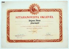 1954 Főművezető számára kiállított sztahanovista oklevél a szocializmus építésében végzett kiváló munkájáért