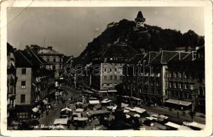 Graz, Hauptplatz / main square, tram, market (EB)