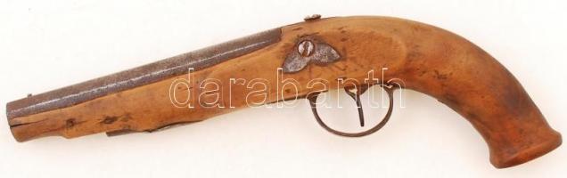 Antik elöltöltős pisztoly, fa markolattal, hiányos