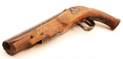 Antik elöltöltős pisztoly, fa markolattal, hiányos