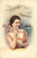 Lady with flowers and military aeroplanes, Cecami No. 1023. (b)