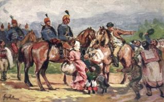 Az ellenségtől felmentett város népe üdvözli a bevonuló huszárokat / Hussars, Military WWI propaganda, Nr. 687. s: Gergely