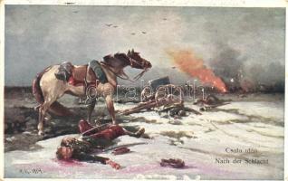 After the battle, Injured soldier, horse, B.K.W.I. 259-70. artist signed