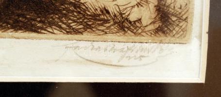 Farkasházy Miklós (1895-1964): Sziklás táj. Rézkarc, papír, jelzett, üvegezett keretben, 14×8 cm